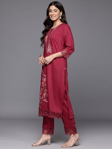 Varanga Women Red Thread Embroidered Kurta with Organza Hem Paired Bottom and Dupatta