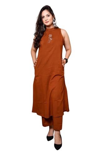 ELLITI Cotton Slub Sleeveless Kurta With Pant Set for Women, Orange Colour Kurta With Detailing & Embroidered Pocket Accents El