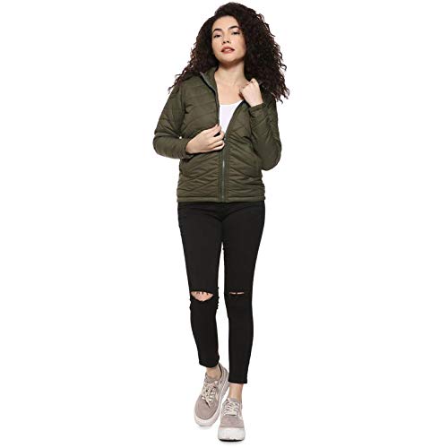 Campus Sutra Womens Olive Green Puffer Regular Fit Bomber Jacket for Winter Wear | Standing Collar | Full Sleeve | Zipper | Cas