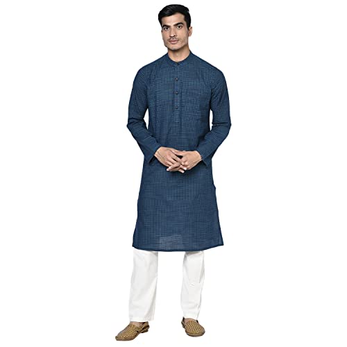 Fabindia MenS Cotton Geometric Slim Kurta_Dark Blue_Xs