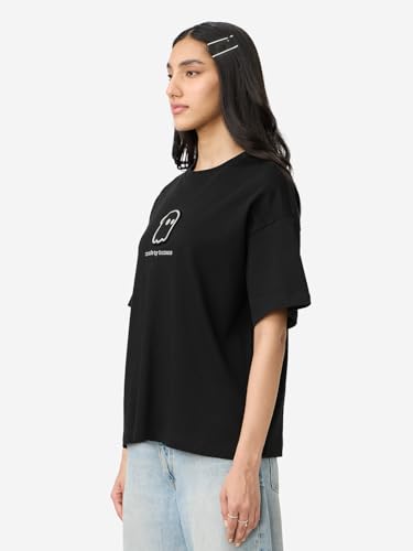 The Souled Store Holograph Women and Girls Short Sleeves Round Neck Black Graphic Printed Cotton Oversized T-Shirts