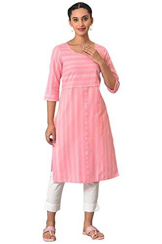 Aurelia Womens Cotton Pink Stripes Round Neck Straight Kurta