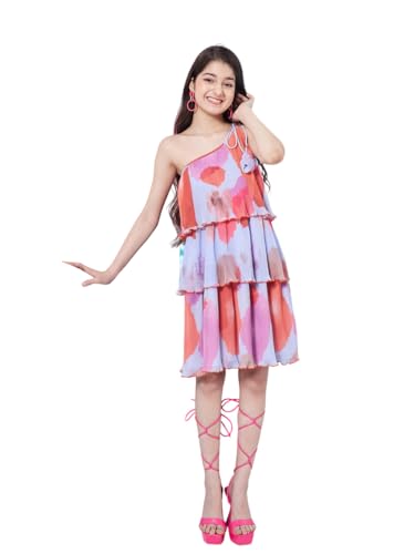 Pspeaches GirlS Abstract Printed One Shoulder Style Georgette A-Line Dress Trandy Stylepurple Color Fashionista Choice Eye-Catc