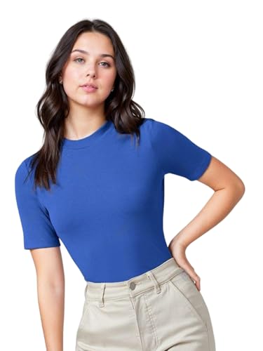 KOTTY Womens Slim Fit Half Sleeve Ribbed T-Shirt(Blue_L)