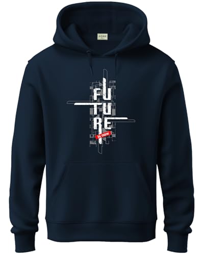ADRO Mens Cotton Blend Neck Hooded Sweatshirt (H24-FTR-NB_Navy Blue