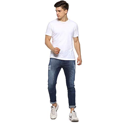 Campus Sutra Mens Navy Blue Lightly Distressed Denim Jeans for Casual Wear | Dark-Wash | Button Closure | Regular Fit | Denim J