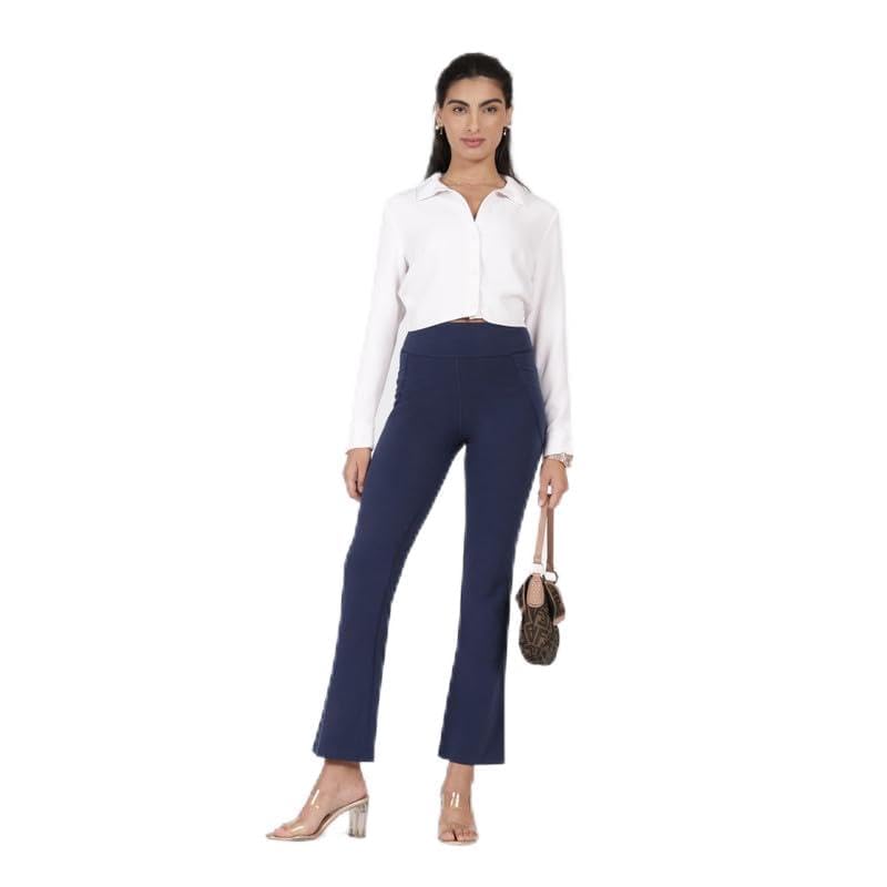 BlissClub AM:PM Cotton Flare Pants for Women Above 55 ft Tall | Wide Waistband, 4 Pockets | Bell Bottom Pants and high Waist Tr
