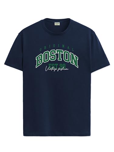 ADRO Mens Printed T Shirt - Premium Cotton Graphic Printed Tshirt - Navy Blue T-Shirt - RN24-BOST-NB-XL