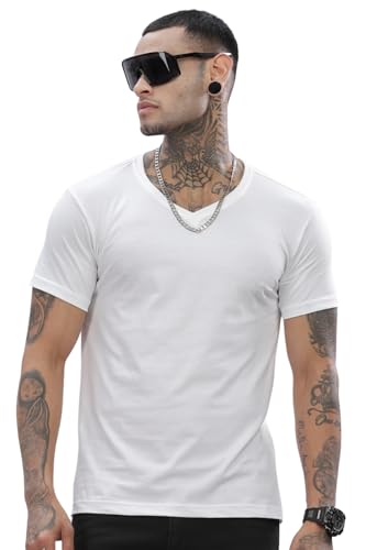 ADRO Mens V Neck Solid Cotton T-Shirt (VN-M-PLN-WH_White_XL)