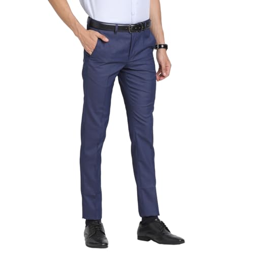 Turtle Men Poly Viscose Stretch Blue Dobby Printed Ultra Slim Fit Formal Trouser