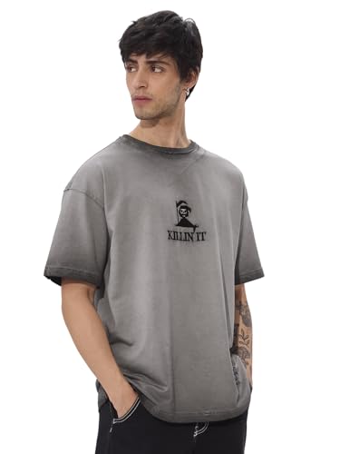 The Souled Store Killin It Men And Boys Short Sleeves Round Neck Grey Embroidered Cotton Oversized T-Shirts