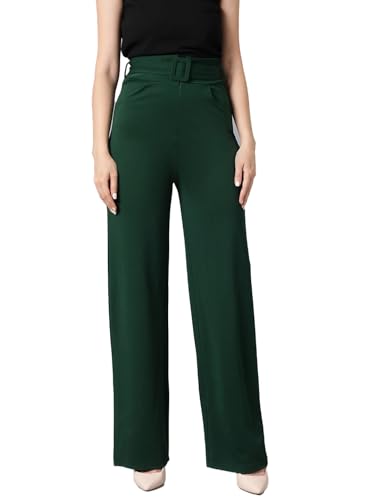 KOTTY Womens High Rise Viscose Rayon Relaxed Fit Korean Trousers Bottle Green