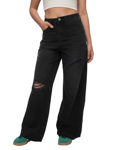 The Souled Store Denim: Amaranth Blue Women and Girls Buttoned Cotton Wide Leg Jeans