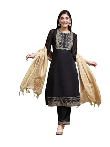 Sanisa Women's Rayon Blend & Georgette Foil Printed Straight Kurta with Pant and Plain Dupatta