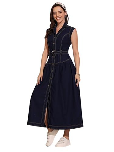 Dolce Crudo Womens Notched-Collar Sleeveless Crop Denim Shirt Dress(Doss25Den04-65-57-06, Dark Blue, Xl)
