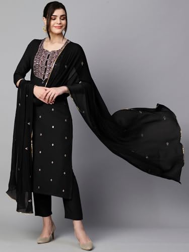 GoSriKi Ladies Cotton Blend Embroidered Kurta with Trousers & Dupatta, XL, Black, Model Kasturi-NGT-GS