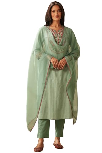 GoSriKi Womens Cotton Blend Embroidered Straight Kurta with Pant & Dupatta (FARIGUP-Green-GS_L_Green_Large)