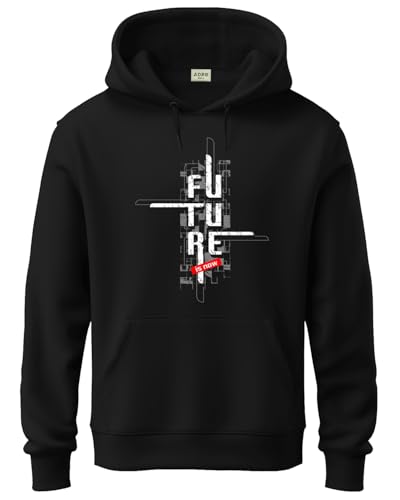 ADRO Mens Cotton Blend Neck Hooded Sweatshirt (H24-FTR-BL-XL_Black)