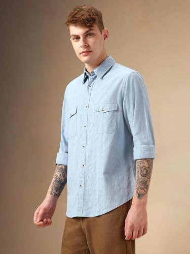 Dennis Lingo Men Blue 100% Cotton Full Sleeve Spread Collar Self Design Shirts