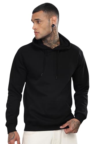 ADRO Mens Cotton Neck Hooded Sweatshirt (H24-M-PLN-BL_Black