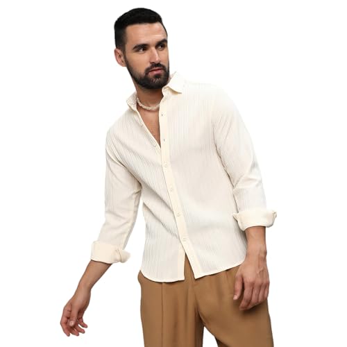 Campus Sutra Mens Pale Yellow Self-Design Striped Shirt for Casual Wear | Spread Collar | Long Sleeve | Button Closure | Shirts