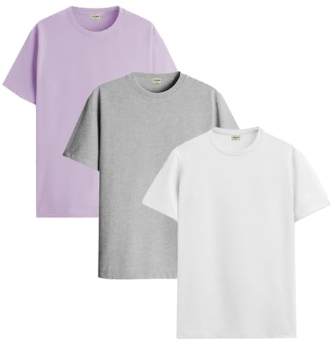 ADRO Mens Solid Regular Fit T-Shirt (RCM3-PLN-PU-WH-GR_Purple,White,Grey