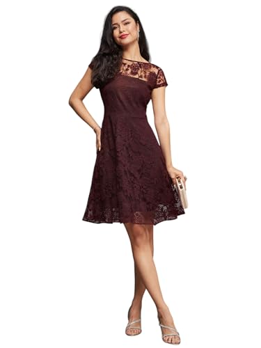 Miss Chase WomenS Round Neck Cap Sleeves Lace Knee Long Skater Dress (Mcss25D93-52-640-03, Burgundy, S)