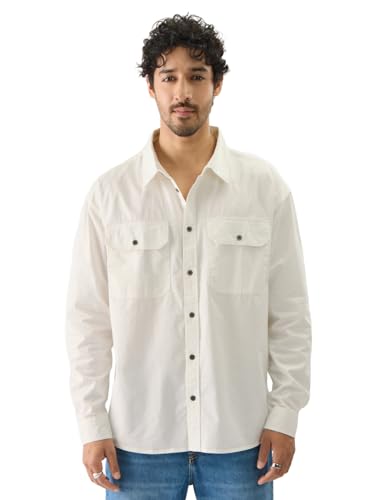 The Souled Store Solids Off White Long Sleeve Collared Cotton Utility Shirts For Mens & Boys- Regular Fit With Classic Style