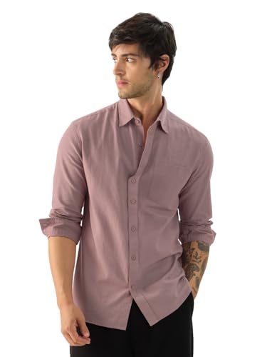 The Souled Store Soft Pink Men And Boys Collared Neck Long Sleeve Button Front Solid Regular Fit Cotton Linen Shirts