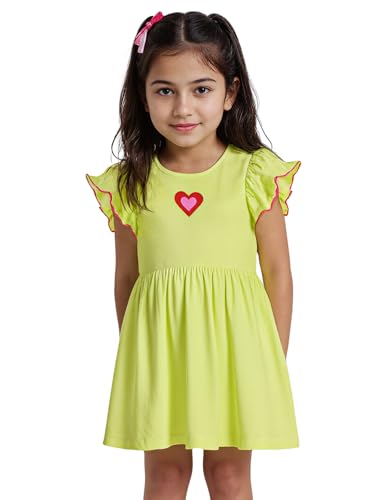 The Souled Store Bloom Girls Round Neck Short Sleeves Green Embroidered Knee Length Cotton Dresses (2-8 Yrs)