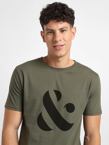 Nobero MenS Graphic Regular Fit T-Shirt (1M-Twts-C0702_Olive Green/Marine