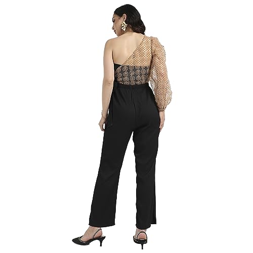 Campus Sutra Womens Pink Self-Design Jumpsuit With Tie-Up Details For Casual Wear | One-Shoulder Neck | Long Sleeve | Tie-Up Cl