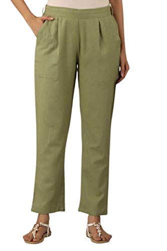 Digital Shopee Women Regular Fit Elastic Waist Full Length Cotton Formal Trouser For Casual Wear, Office Wear Olive