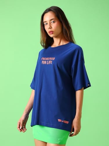 Bewakoof X Official Tom & Jerry Merchandise Womens T&J Scare Graphic Printed 100% Cotton T-Shirt - Oversized Fit, Round Neck, H