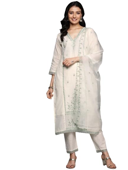 Varanga Women Cream V Neck Thread & Sequence Embroidered Kurta Paired With Bottom & Embroidered Organza Dupatta