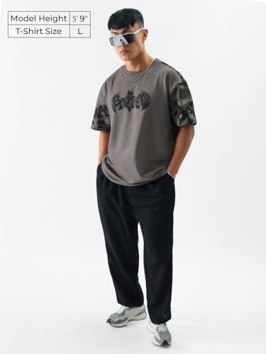 The Souled Store Official Batman: GothamS Saviour Mens And Boys Oversized Fit Graphic Printed Half Sleeve Cotton Grey Color Ove