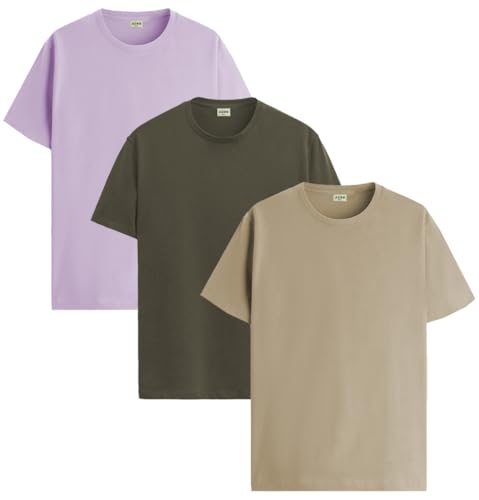 ADRO Mens Solid Regular Fit T-Shirt (RCM3-PLN-PU-OL-BE_Purple,Olive,Beige