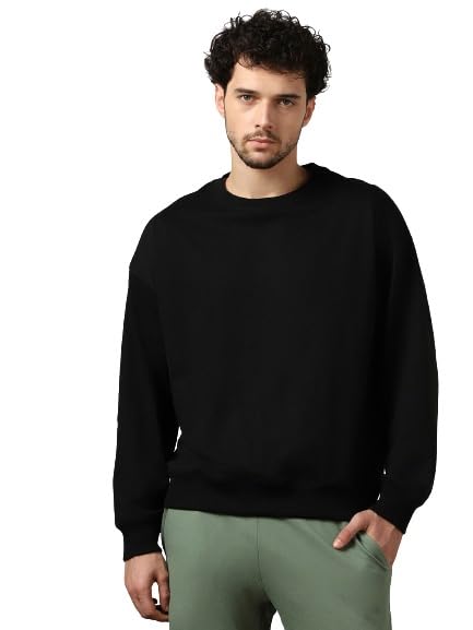 Nobero MenS Cotton Blend Crew Neck Oversized Sweatshirt (1M-Twss-R0005_Black)