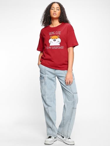 Bewakoof Womens Being Cute is My Super Power Graphic Print 100% Cotton T-Shirt- Oversized Fit, Round Neck, Half Sleeve