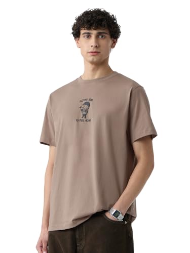 The Souled Store Relaxed T-Shirt: Acting Bad Men and Boys Short Sleeves Round Neck Brown Graphic Printed Cotton Relaxed Fit T-Sh