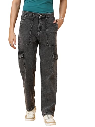 KOTTY Mens Solid Mid Rise Straight Fit Stylish Looking Cargo Jeans(Grey,34)