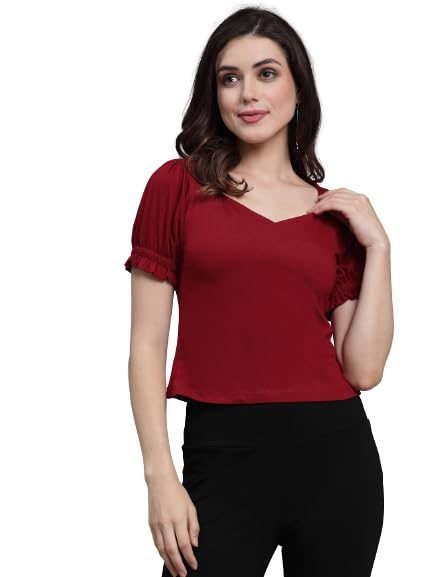 Style Quotient Women Solid Wine Cotton Knit Smart Casual Top