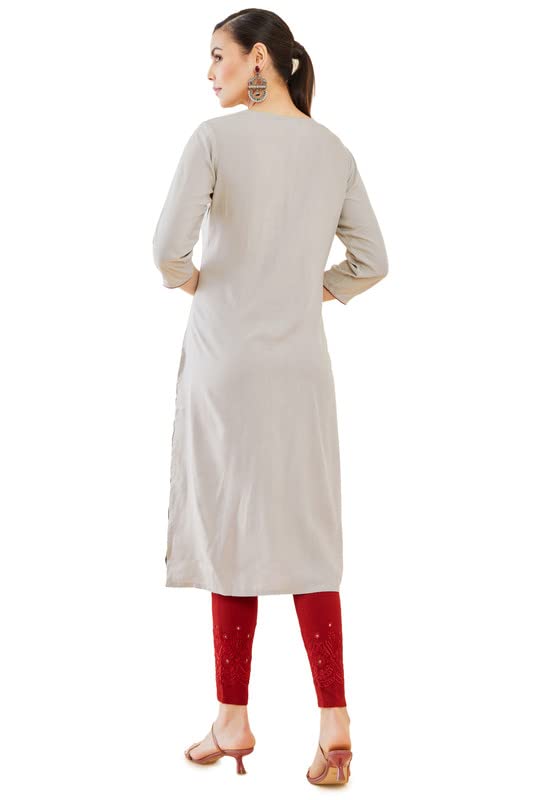 Soch Womens Grey Rayon Embroidered Straight Kurta with Floral Designs and Piping