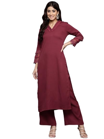 Varanga Women Maroon V Neck Three Quarter Sleeves Cotton Lace Straight Kurta With Tonal Bottom - Casual Ethnic Suit Set For Wome