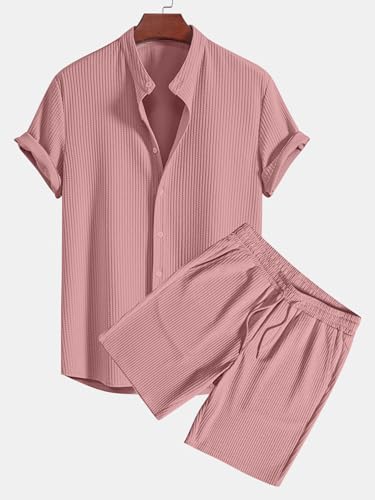 Greciilooks MenS Summer Casual Two Piece Outfit, Textured Button Down Shirt And Shorts Set