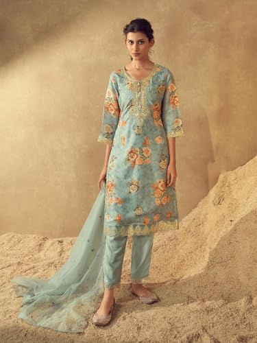 VARANGA Women Sea Green Floral Printed Zari Embroidered Kurta With Bottom And Dupatta