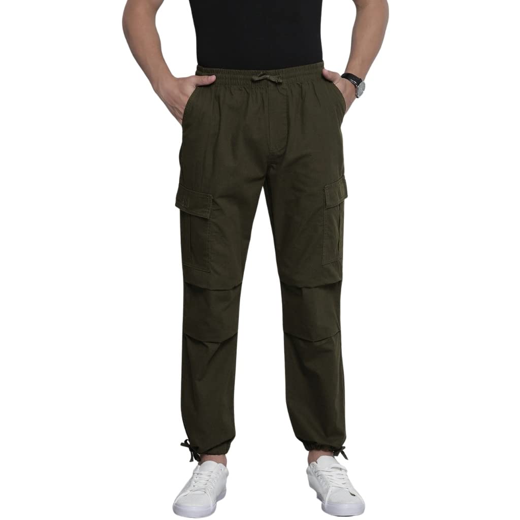 The Indian Garage Co Men Relaxed Fit Solid Mid-Rise Elasticated Cargos Dark Olive