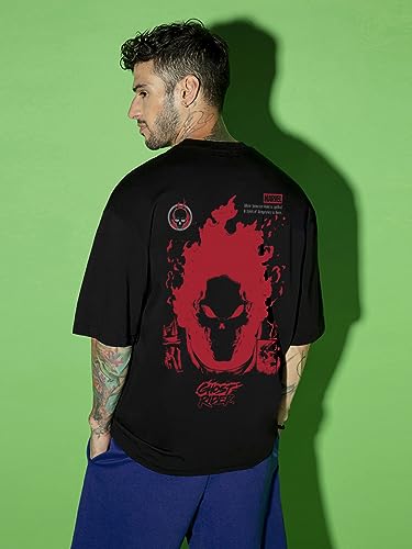 Bewakoof X Official Marvel Merchandise MenS Ghost Rider Spirit Of Vengeance Graphic Printed 100% Cotton T-Shirt - Oversized Fit