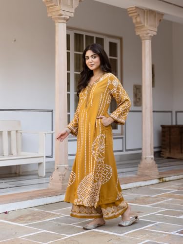 ishin Mustard quriky printed embellished Kurta with solid palazzo