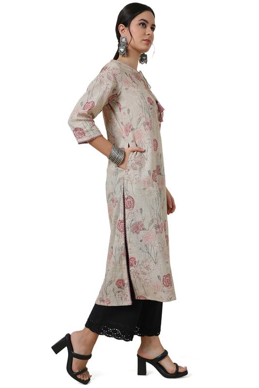 Soch Womens Beige Linen Floral Print Panelled Kurta with Tassels